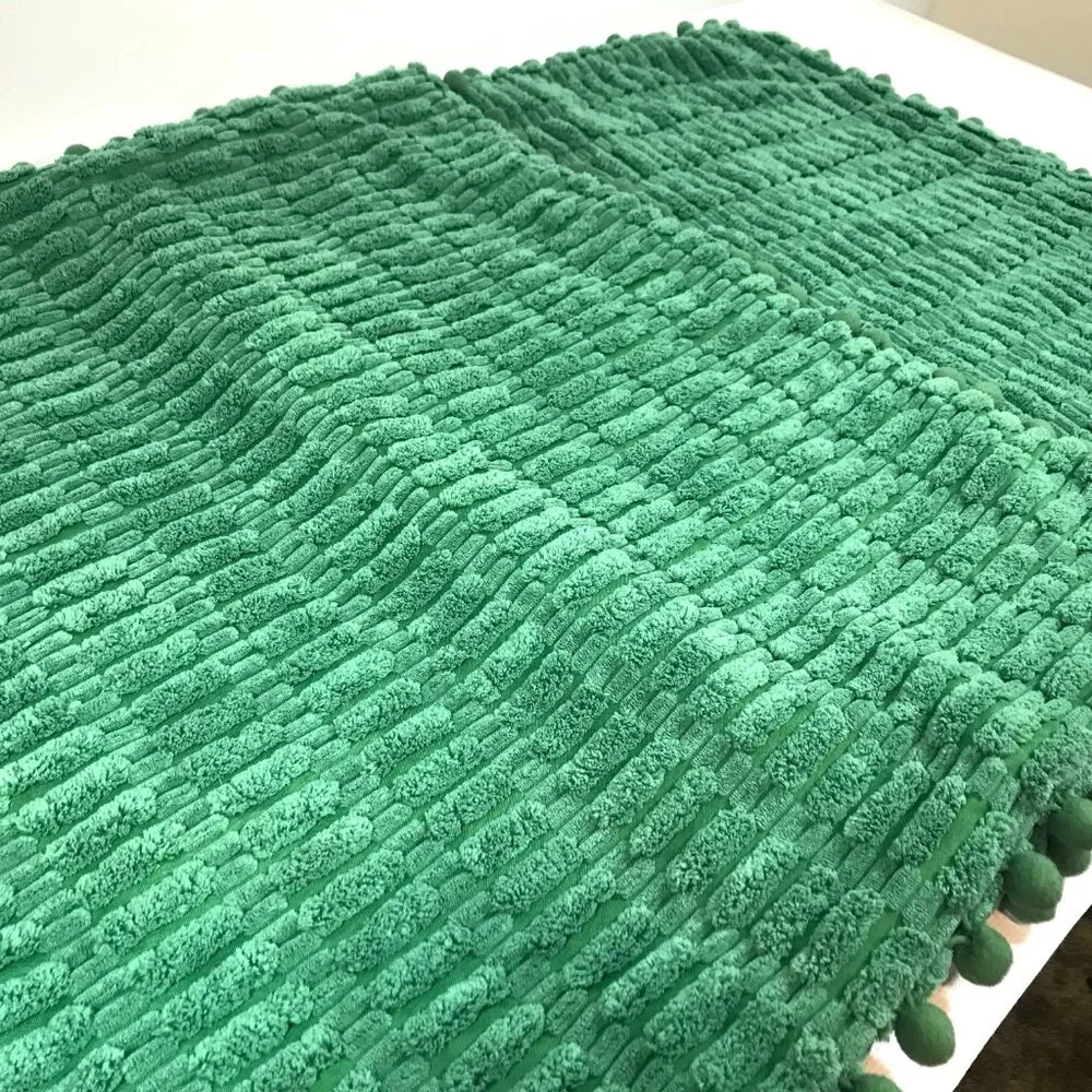 Square Chenille Pillow Cover with Pom Pom Detail Throw Pillow Slipcover Green